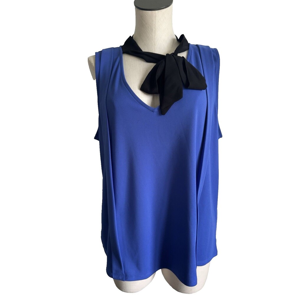 Karl Lagerfeld Paris Blue Black Detail Pleated Sleeveless Blouse Neck Tie XL